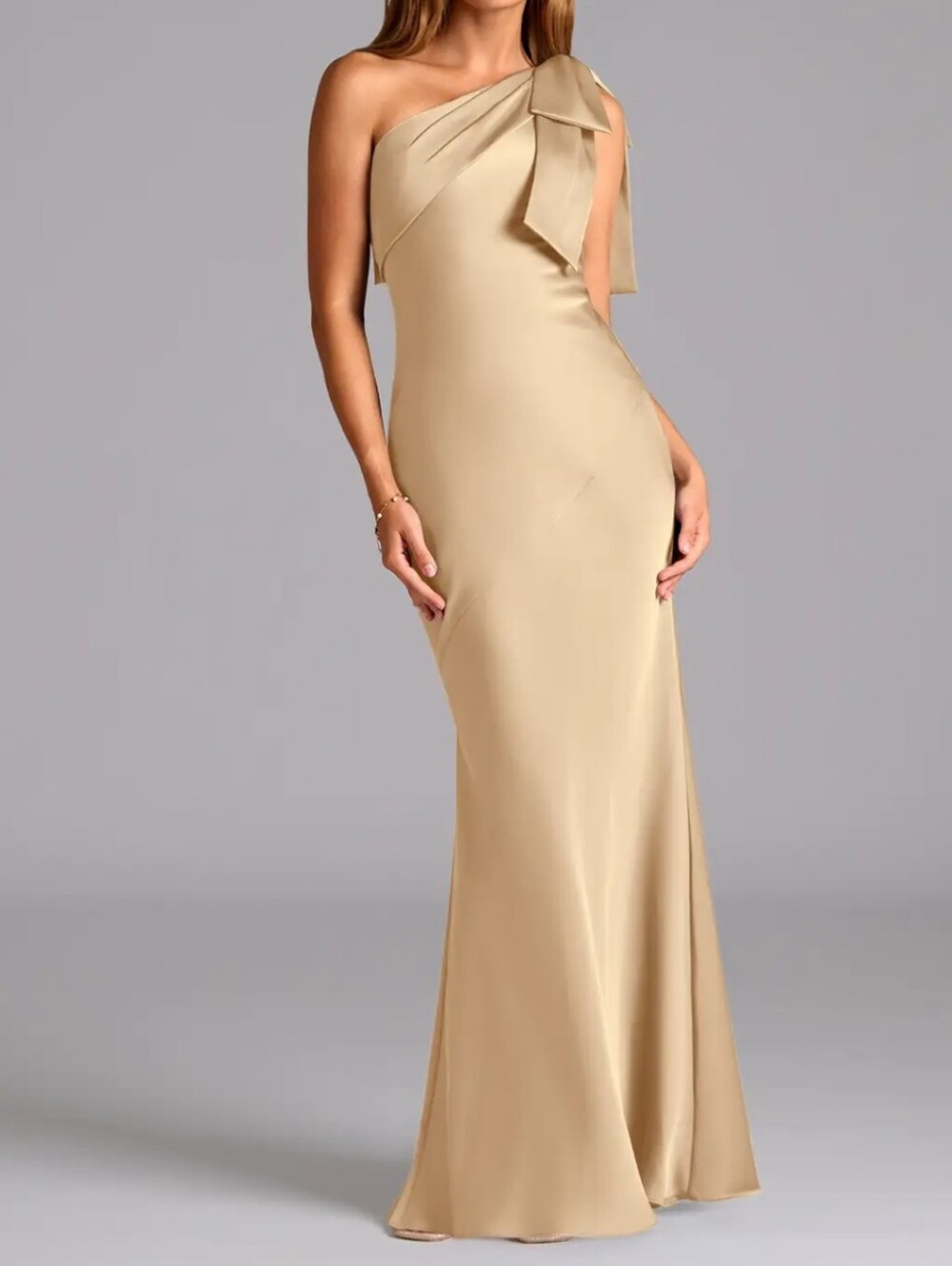 Azazie Yuanna Champagne One Shoulder Bow Detail Dress Size 2